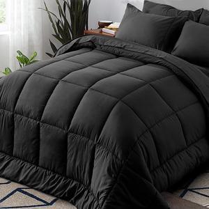 Full Bed in a Bag - 7 Pieces Black Comforter Set Lightweight All Season Ultra Soft Bedding Comforter Set with Comforter Flat Sheet Fitted Sheet Pillowcases & Shams