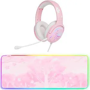 Pink RGB LED Gaming Extra Large Mouse Pad 14 Modes Glow Pad Sakura Gaming Headset 360° Rotation Mic RGB Gradient Light Effect