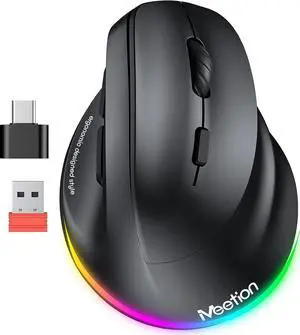MEETION Ergonomic Mouse, Wireless Vertical Mouse RGB Backlit Rechargeable Mice for Bluetooth(5.2 + 3.0) & USB-A with USB-C Adapter 4 Adjustable DPI for Mac/Windows/Andriod/PC/Tablet/iPad Black