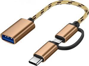 OTG Adapter Cable 2 in 1 USB to Type-C USB to Micro USB Nylon USB 3.0 Interface Fast Transfer Connector Converter for Cellphone Charging Line (Gold)