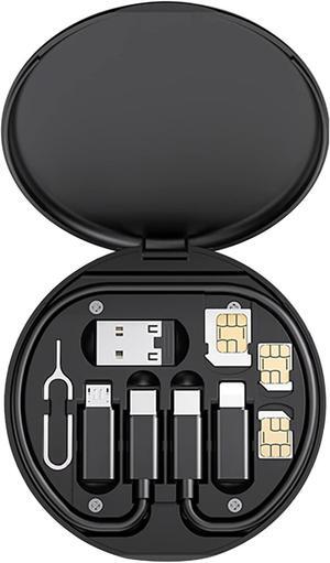 USB C Cable Conversion Storage Box Multi Charging Cord to Lightning USB-A Type C Micro OTG Convertor Adapter Data Transfer for Phone Pad Laptop Tablet Card Slot Tray Eject Pin Phone Stand (Black)