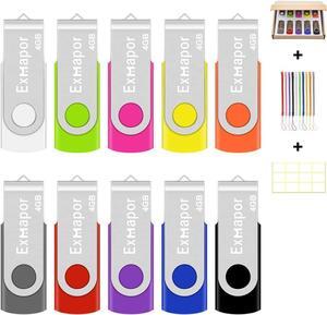 Thumb Drives 10 Pack 4GB USB Flash Drive Swivel Memory Stick with LED Indicator Lanyards Multi-Colors