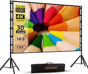Projector Screen and Stand,Towond 150 inch Indoor Outdoor Projection Screen, Portable 16:9 4K HD Rear Front Movie Screen with Carry Bag Wrinkle-Free Design for Home Theater Backyard Cinema