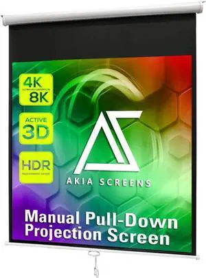 Akia Screens 125" Manual Pull Down Projector Screen, 1:1 Retractable Projection Screen, Auto Lock Ceiling & Wall Mount, 8K 4K HD Ready, White Case, AK-M125S1. Akia Screens 125" Manual Pull Down Projector Screen, 1:1 Retractable Projection Screen, Auto Lock Ceiling & Wall Mount, 8K 4K HD Ready, White Case, AK-M125S1.