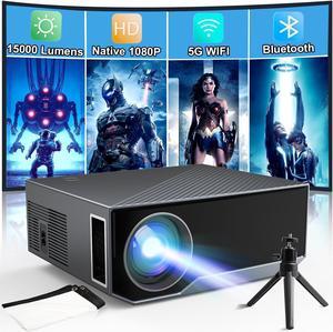 Projector with Wifi and Bluetooth Native 1080P 15000 Lumens 500 ANSI 4K Mini Projector Portable Projector Video Projector Compatible with Iphone Android Phone TV Stick (Tripod and Screen Included)
