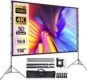 Projector Screen and Stand 150 Inch, LEORFI Outdoor Portable Projector Movie Screen Pull Down, Indoor Projections Screen with Stand 16:9 4K Full HD Support Height Adjustable for Home Theater Camping