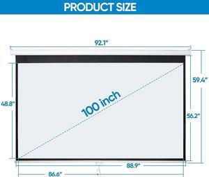 Smartxchoices 100" 16:9 HD Manual Projector Screen with Auto Lock Anti-Crease Home Theater Office Wall Mounted Ceiling Pull Down Projection 1.1 Gain Matte White, View Size: 87 x 49 inches