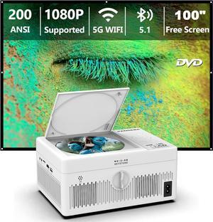 5G WiFi Bluetooth Projector Built in DVD Player with Projector Screen Full HD Supported Mini Portable DVD Projector Outdoor Movie Projector Compatible with Phone/TV Stick/HDMI
