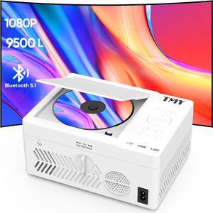 Bluetooth Projector with DVD Player Built in 1080P Mini Projector Portable DVD Projector for Outdoor Movies Compatible with Smartphone/PC/TV Stick/HDMI/AV/USB/TF