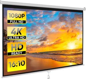 100 16:10 HD Manual Projector Screen with Auto Lock Anti-Crease Home Theater Office Wall Mounted Ceiling Pull Down Projection 1.1 Gain Matte White