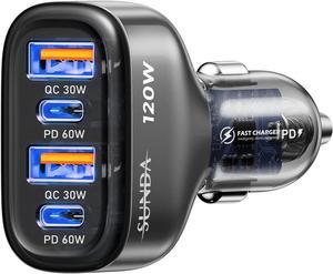 120W USB C Fast Car Charger 4-Ports Car Charger Adapter Dual Type C PD60W/PPS60W Compatible with iPhone15/14 Pro/Max/iPhone13/Galaxy/S23 Dual USB-A 18W QC3.0 for Android(Gray)