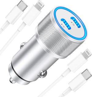 [Apple MFi Certified] iPhone Fast Car Charger 60W Dual USB C Car Charger Fast Charging Cigarette Lighter+2Pack Type C to Lightning Cord for iPhone 14 13 12 11 Pro XS Max Mini XR iPad AirPods
