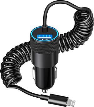 MFi CertifiediPhone Fast Car Charger 4.8A Dual USB Power Car Charger Fast Charging Cigarette Lighter Adapter+6FT Coiled Lightning Cable for iPhone 14 13 12 11 Pro/XS Max/Mini/XR/X/8/SE/iPad