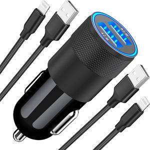 [Apple MFi Certified] iPhone Fast Car Charger 4.8A Dual USB Power Rapid Car Charger with 2 Pack Lightning Braided Cable Quick Car Charge for iPhone 14 13 12 11 Pro Max/XS/XR/X/iPad/AirPods