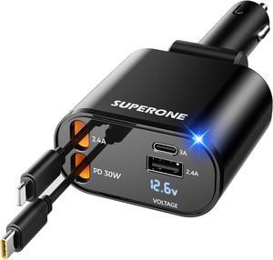 Upgraded SUPERONE Retractable Car Charger 4 in 1, Fast Car Phone Charger with Cord 2.6ft, USB C and Lightning Car Charger Adapter, Compatible with iPhone 15/15 Pro Max/14/13/12/11, Galaxy, Pixel