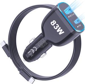 83W Type C Car Charger 2-Port Car Charger USB C PD65W & QC3.0 with 3.3ft Fast Type C Cable Compatible for iPhone 15  Pixel Tablets and laptops