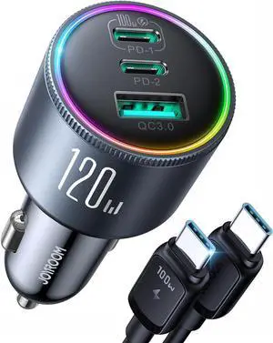 120W Car Charger USB C for iPhone 16 Pro 3 Port Super Fast Car Charger Adapter PD100W+PD35W Car Phone Charger Type C Fast Charging for iPhone 16 15 Pro Max  S24 S23 iPad Laptop