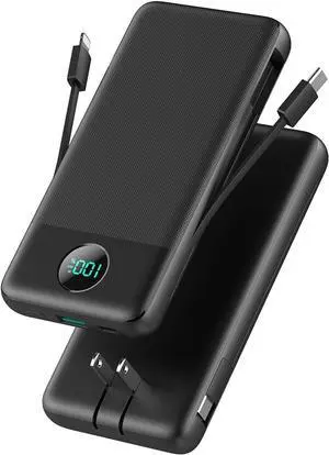 Portable Charger USB C Power Bank with 2 Built in Cables & AC Wall Plug,13800mAh Portable Battery Pack Fast Charging Compact LED Display Universal Compatible with iPhone 16/15,Galaxy S23,Tablets etc