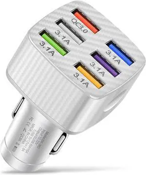 Pack-1 Car Charger Adapter 6 USB Multi Port Fast Charger QC3.0 USB Fast Charger Universal for Most Cell Phones iPhone (White)