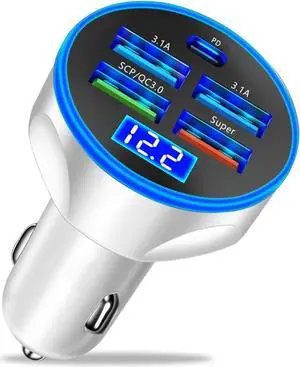 5 Port USB Car Charger 250W Super Fast Charging Cigarette Lighter Adapter with LED Voltage Monitor 4USB+Type C Multi Port Car Accessories Interior Compatible with Most Smart Phone (White)