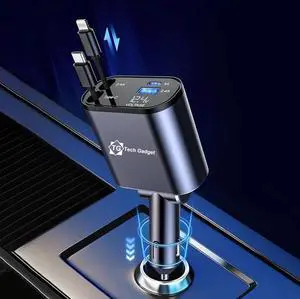 Retractable Car Charger 120W 4 in 1 Super Fast Car Charger for iPhone 15/14/13/12 and Type C with Retractable Cables (31.5 inch) and 2 USB Ports with Premium Look and Safety
