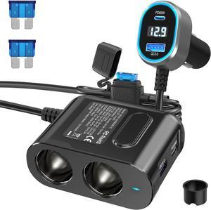 PD 65W Cigarette Lighter Splitter for Laptop: 200W USB C 12V Car Charger Socket Adapter 12 Volt DC Plug Multi Way Auto Power Outlet with Dual Type C Port for MacBook/iPad/iPhone  GPS Dash Cam