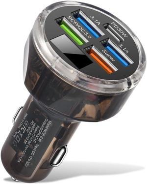 65W 5 Port USB C Car Charger PD30W &QC3.0 Fast Charging Car Cigarette Lighter Plug Adapter with LED&Voltage Monitor for iPhone/Android//iPad and More