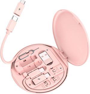 Multi USB Charging Adapter Cable Kit USB C to iOS Device Adapter Box Conversion Set USB A & Type C to Male Micro/Type C/iOS Device Data Transfer Card Storage Tray Eject Pin Phone Holder (Pink)