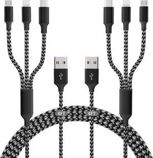 Multi Charging Cable (2 Pack 4FT) Multi USB Charger Cable Nylon Braided 3 in 1 Charging Cable Fast Charging Cord with Type-C Micro USB Lightning IP Port for Most Phones/iPads/iPhones/Tablets