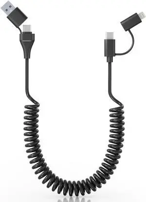 USB C and Lightning Cable 2 in 1 60W [PD Charge & MFi & Data] Coiled Cable Short Support CarPlay & Android Auto 4 in 1 Charging Cable Combo Type C/Lightning/USB A for iPhone 15 14/Android/Pad/Laptop