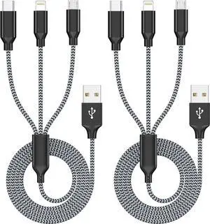 Multi Charging Cord 4FT Multiple Charger Cable 4ft 2Pack Fast 3 in 1 Nylon Braided  MFi Certified USB Type C Micro Lightning Connectors for Cell Phones and More Black Grey