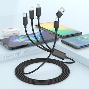 Multi Charging Cable 3 in 2 3M USB C Multi Fast Charging Cable Nylon Braided 10Ft Multiple USB/USB C to Type C/Micro USB/Lightning Fast Sync Charger Adapter Connectors for Laptop Tablet Phone and More