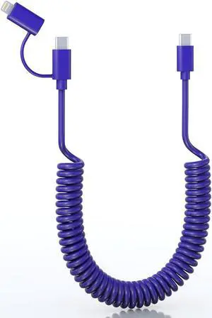 USB C to USB C and Lightning 2 in 1 Coiled Cable 3ft USB Type C Lightning Dual Cable for  Carplay & Android Auto PD 60W Fast Charging Data Sync for iPad Laptop  iPhone Dark Blue