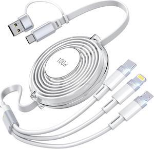 Retractable iPhone Charger 3-in-1 Multi Charging Cable 100W Fast Charging USB-C/A to Lightning/USB-C/Micro Retractable USB-C Cable for iPhone 15  MacBook iPad