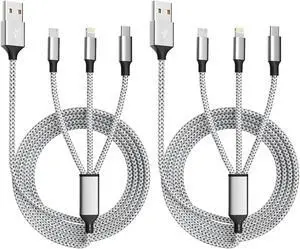 Multi Charging Cable (2 Pack 4FT) Multi USB Charger Cable 3 in 1 Charging Cable Nylon Braided Fast Charging Cord with Type-C Micro USB Lightning IP Port for Most Phones/iPads/iPhones/Tablets