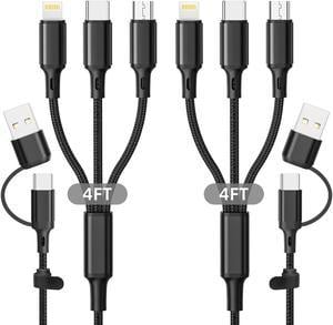 6 in 1 Multi Charging Cable 2Pack 4ft Multi USB Universal Phone Charging Cable, USB A/C to Phone USB C Micro USB Lightning Connector Nylon Braided Charging Cord Compatible with iPhone/Samsung-Black