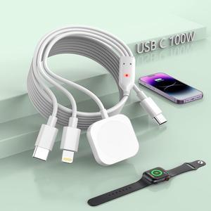 USB C 100W Multi 3-in-1 Fast Charge Cable for  Smart Watch Charger Multiple i-Watch Charger+Lightning+Type-C Charger Combo iWatch Series 9 SE 8 7 6 5 4 3 2/iPhone 15 14 13/iPad Pro-6FT