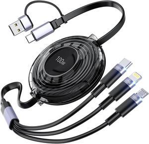3-in-1 Multi Charging Cable Retractable iPhone Charger 60W Fast Charging USB-C/A to Lightning/USB-C/Micro USB Phone Charger Cord for iPhone 15  MacBook iPad.