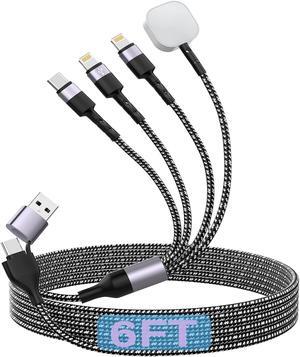 4-in-2 Watch & Phone Charger Cable Multi Universal iwatch Charging Cable Compatible with iPhone iWatch Galaxy Pixel/6FT Magnetic Dual Lighthing Multiple USB A/C Nylon Braided Cord Cargador