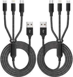 Multi Charging Cable(2Pack 4FT) 3 in 1 Charger Cable Nylon Braided Multiple USB Cable Universal Charging Cord with Type-C Micro USB and IP Port for Cell Phones and More