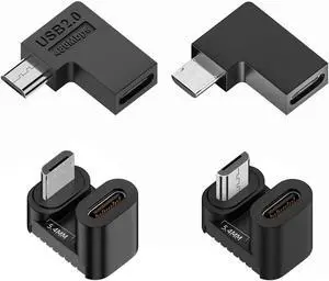 90/360 Degree Angled USB-C to Micro USB Adapter 4 Pack USB2.0 Type C Female to Micro USB Male Power Data Adapter(Right & Left &Up & Down) for Phone Tablet