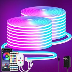 100ft RGB LED neon Rope Lights LED neon Lights with Remote/APP Control 24V IP65 Waterproof Flexible Neon LED Strip Lights for Bedroom Room Outdoors Decor2 Rolls of 50ft