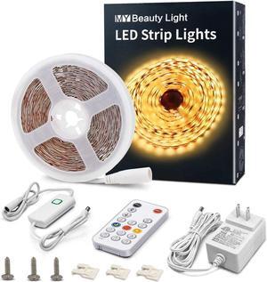 LED Strip Lights Warm White 16.4ft Dimmable LED Light Strip with RF Remote 300 Bright 3000K 2835 LEDs Plug-in Adhesive Rope Lights with Timing Mode for Living Room Bedroom Kitchen