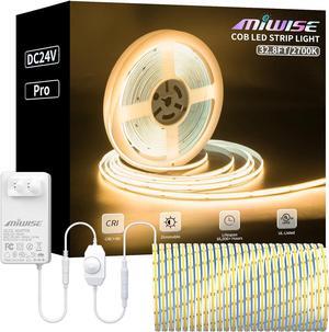 COB LED Strip Light 32.8ft/10m CRI 90+ Warm White 2700K High Lumen Dimmable Super Bright Flexible DC24V LED Tape Light with Controller/Dimmer for Cabinet Home Office DIY Lighting Projects