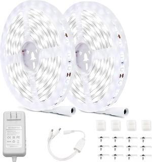32.8ft White LED Strip Lights 6500K Dimmable LED Light Strip with Bright 600 LEDs & Adapter 24V Daylight Led Lighting Strips for Mirror Living Room Cabinet Stair 2 Rolls of 16.4ft