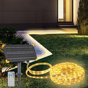 50Ft Solar LED Strip Lights Outdoor Large Capacity Solar Powered Flexible Tape Lights with Remote Dimmable 8 Lighting Modes for Patio Pool Camping Decor 2700K Warm White