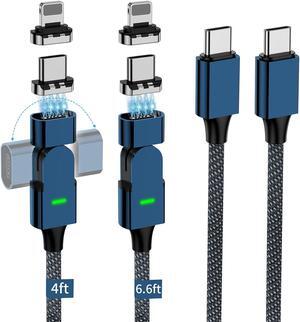 100W USB C Magnetic Charging Cable 180° Rotation 2 in 1 Magnetic Phone Charger Cable [2 Pack 4/6.6ft] 480Mbps Data Transfer for iPhone 15 14 13 iPad MacBook Pro Galaxy S22 (Blue)