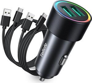 2 Pack USB A to C Cable with Car Charger [All Metal] Compact Cigarette Lighter USB Charger Dual USB Car Charger Adapter Fast Charging for iPhone 15 Pro Max  S23/S22/S9/S8