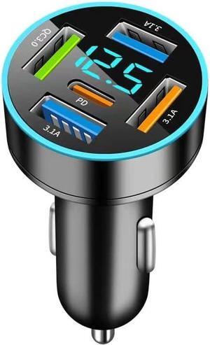 66W Car Charger Adapter 5 Port USB Car Charger PD 30W QC3.0 3.1A Car Cigarette Lighter USB Charger with LED Voltmeter Fast Car Charger Compatible with iPhone iPad