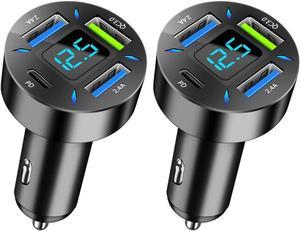 4 Ports USB Car Charger 66W Super Fast Charging USB QC 3.0 USB Adapter Charger with LED Voltmeter for Car Cigarette Lighter Plug Compatible with Most Cell Phone (1 PD+QC3.0+2.4A)